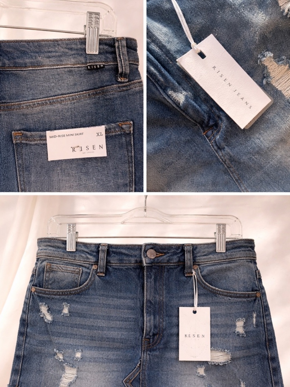 RISEN Distressed Denim Mini Skirt| Raw Hem Mid-Rise| Size: XL - Picture 3 of 6